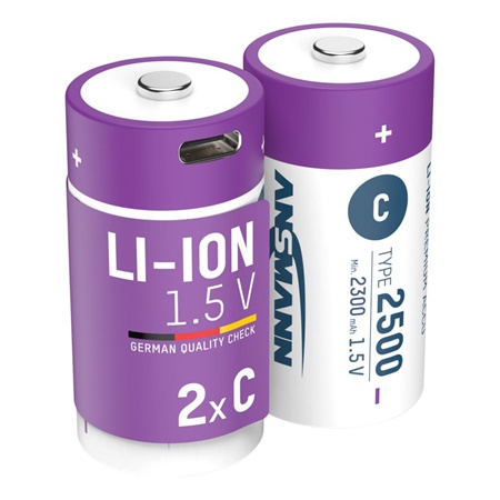 Lot de 2 piles C LR14 rechargeables en USB-C Ansmann - 2500 mAh