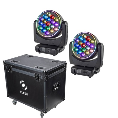 Pack de 2 lyres led beam/wash 19 x 40W RGBW + flight case FLASH